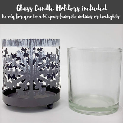 Metal Snowflake Candle Holders Set of 2 with Glass Votive Inserts, Winter Table Centerpiece Decorations, Christmas Snowflake Decor for Dining Table, Mantel, Shelf, Holiday Home Accent, 3 Inch Height