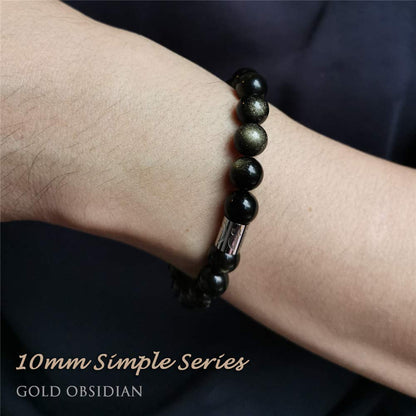 Morchic Gold Obsidian Stone Stretch Bracelet for Womens Mens, Genuine Semi Precious Gemstone 10mm Beads Classic Style Birthday Gift 8 Inches