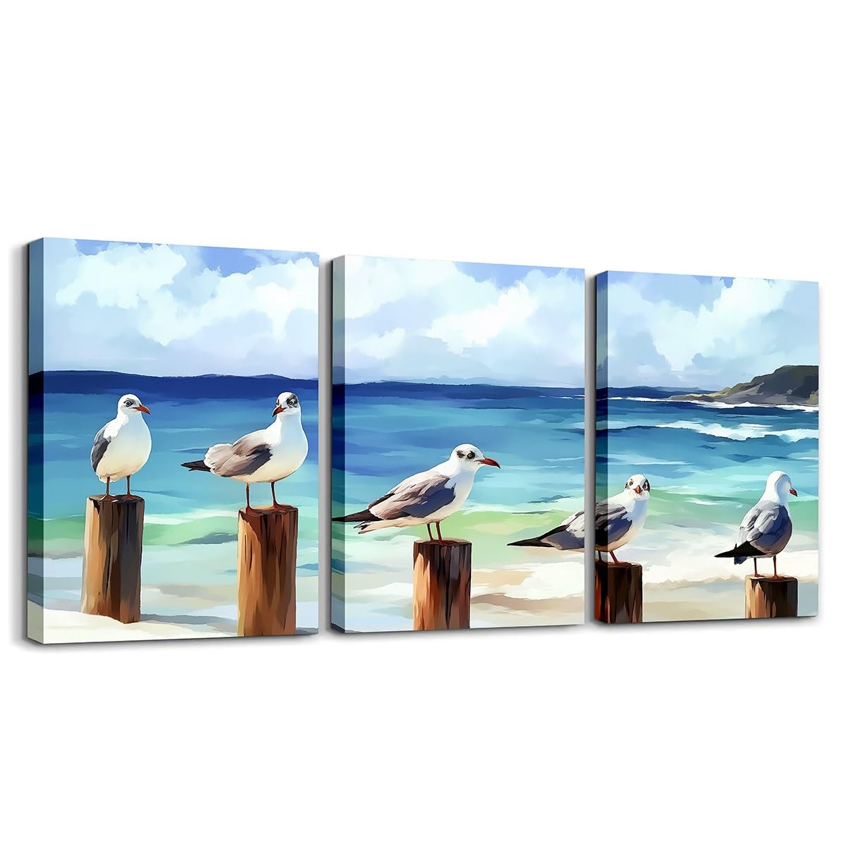 jejeloiu Seagull Blue Canvas Wall Art for Living Room Bedroom 12"x16"x3pcs Ocean Bird Picture Wall Decor for Bathroom Coastal Beach Office Decorations Artwork Posters Marine Life Sea Painting