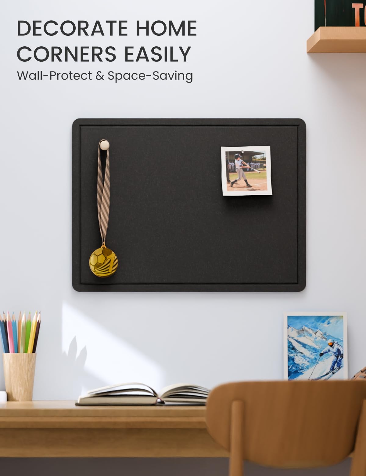Fluxynara Bulletin Board, 23.6" x 17.5" Cork Board Alternative with 12 Safe Removable Adhesive Tabs, Foldable Felt Pin Board for Home Office, Classroom, Bedroom,Entryway for Walls—Black