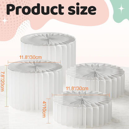 HeiMma 4 Pack Buffet Risers, FOLDABLE Accordion Food Display Risers for Dessert Table,Dessert Table Display Set, White Cardboard Cylinder Cake Cupcake Stands for Party, Multi-height, 12in Round