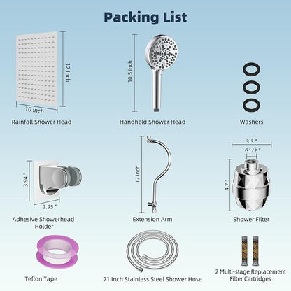 Hibbent All Metal 12'' Dual Filtered Rainfall Shower Head Combo, High Pressure Handheld Shower Head with 12'' Adjustable Curved Extension Arm, 20 Stage Shower Filter, 10-spray, 71'' Hose, Chrome