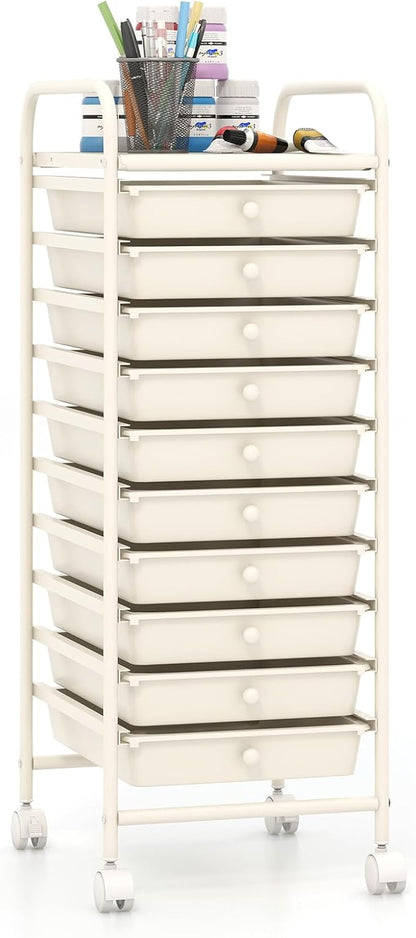 Giantex 10-Drawer Storage Cart w/Universal Wheel, Rolling Cart w/Handle, Home Organizer Storage Unit w/Removable Drawers, Trolley Utility Cart for Kitchen Makeup Living Room Office Play Room, Ivory