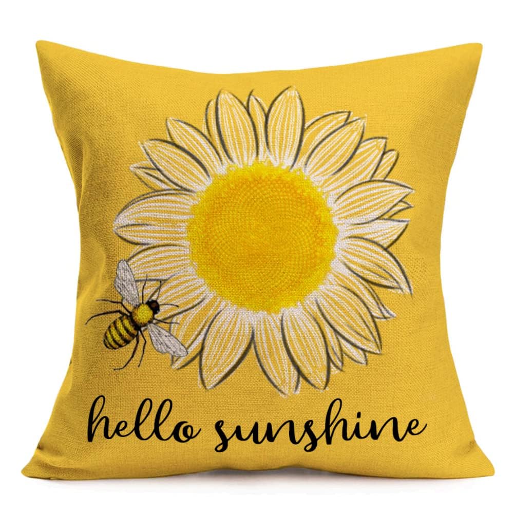 Qinqingo Hello Sunshine Summer Decorative Throw Pillow Covers Sunflower Bee Farmhouse Yellow Square Pillow Coves for Outdoor Patio Sofa Bedroom Car 24x24 Inch