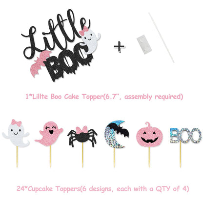 92 Pcs Little Boo Party kit Little Boo Banner Cake Topper Boo Skeleton Bat Mylar Balloons for Pink Black Girl Halloween Baby Shower the Spooky One Halloween 1st Birthday Party Decorations