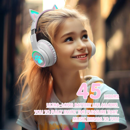 Mokata Gaming Bluetooth 5.0 Wireless Headphones Over Ear Cat Led Light Foldable Music Headset with Aux 3.5mm Microphone (Built-in) for Adult & Kids PC TV Game Music Pad Laptop Cellphone White