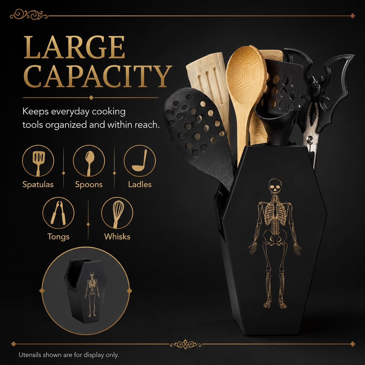 TOSOENPHY Halloween Gothic Kitchen Decor - Goth Coffin Utensil Holder (Utensils Not Included), Dual-Sided Laser-Etched Skeleton, Solid Wood Large Capacity for Spooky Bats Spoons Skull Spatulas