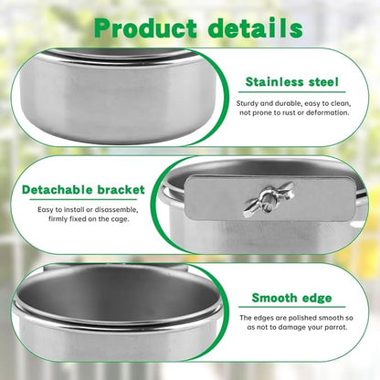 2Pcs Stainless Steel Bird Feeding Bowls with Feeding Spoon,Parrot Food Bowl Cage with Clamp Holder,Birdcage Coop Water Feeder for Cockatiel Parakeet Macaw Finches Small Animals