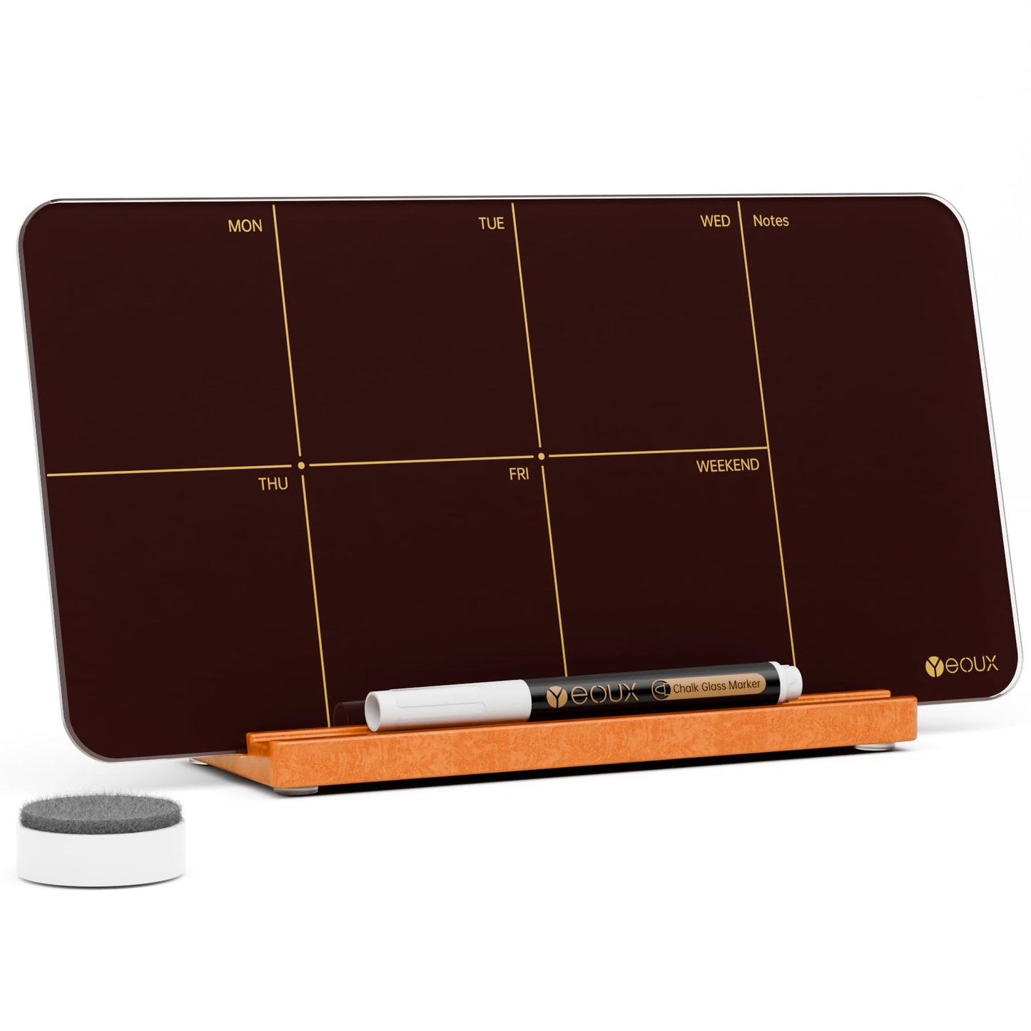 Desk Weekly Glass Dry Erase Board with Detachable Wood Stand, Burgundy Red, Small Desktop Calendar to Do List Planner Whiteboard 12x6 for Office, Home, Schools, Marker&Eraser Included, Yeoux