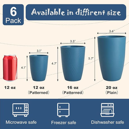 Wheat Straw Drinking Cups Set of 6, 16 OZ Unbreakable & Lightweight Plastic Cups Reusable, Dishwasher Safe Tumblers for Camping, Kitchen, RV, Party， Dark Blue