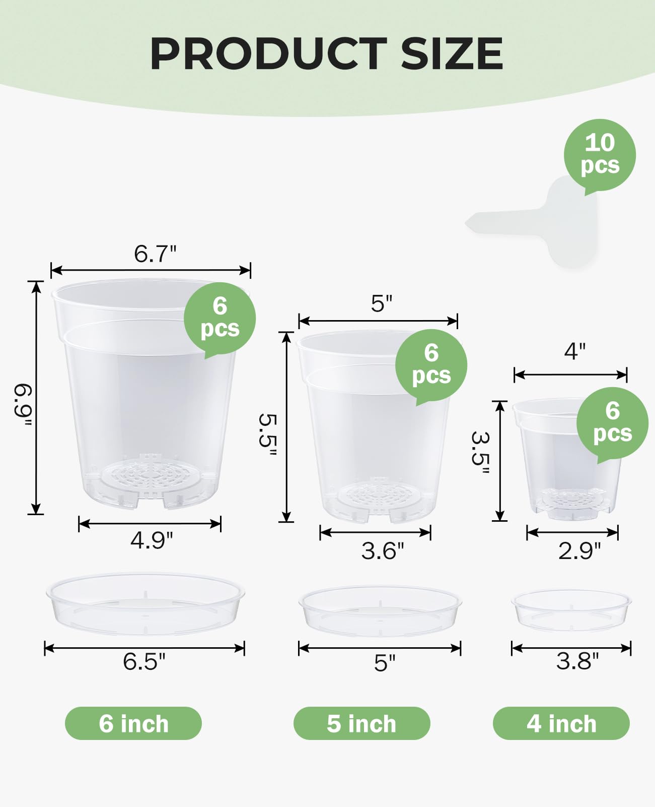 homenote 4/5/6.7 Inch Clear Nursery Pots 18 Pack with Drainage and Plant Saucers, Variety Pack Rigid High-Transparency Plastic Nursery Pots for Plants, Planter Nursery Pots with Drainage Holes