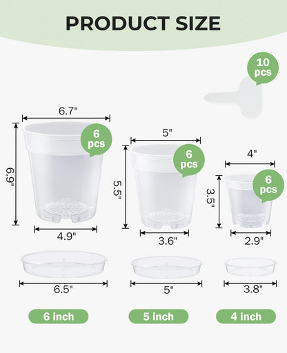 homenote 4/5/6.7 Inch Clear Nursery Pots 18 Pack with Drainage and Plant Saucers, Variety Pack Rigid High-Transparency Plastic Nursery Pots for Plants, Planter Nursery Pots with Drainage Holes