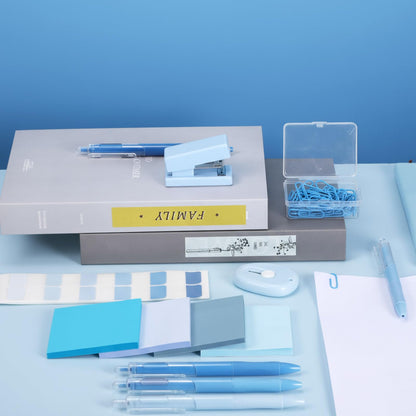 Humyoun Mini Blue Office Supplies Kit Blue School Supplies Christmas Gift Desk Accessories with Gel Pens Sticky Notes Stapler Scissor Paper Clips Index Tabs Box Cutter for Christmas Gifts Office