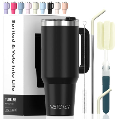 40 oz Tumbler with Handle,Tumbler with Lid and Straw,Double Wall Insulated Cup Stainless Steel Travel Mug(Cold for 34 Hours),Water Bottle for Iced Tea,Coffee,Cold Beverages(Black)