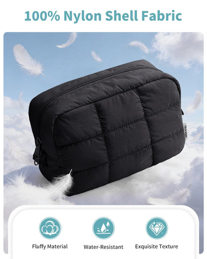 Narwey Puffer Makeup Bag for Women Girl, Quilted Travel Cosmetic Bag Puffy Make Up Bag Organizer, Cute Travel Toiletry Bag for Toiletries (Black)