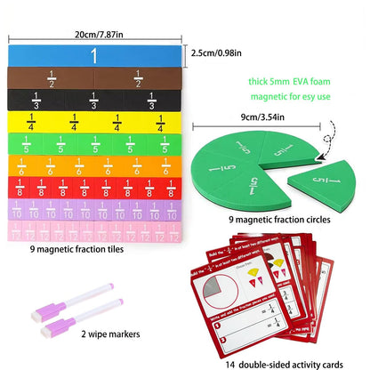 Magnetic Math Fraction Manipulatives, Magnet Fraction Circles Tiles Plus 14 Activity Card, Fractions Puzzle Learn & Compare, Tool Math Teachingroom Manipul Homeschool Elementary Supplies