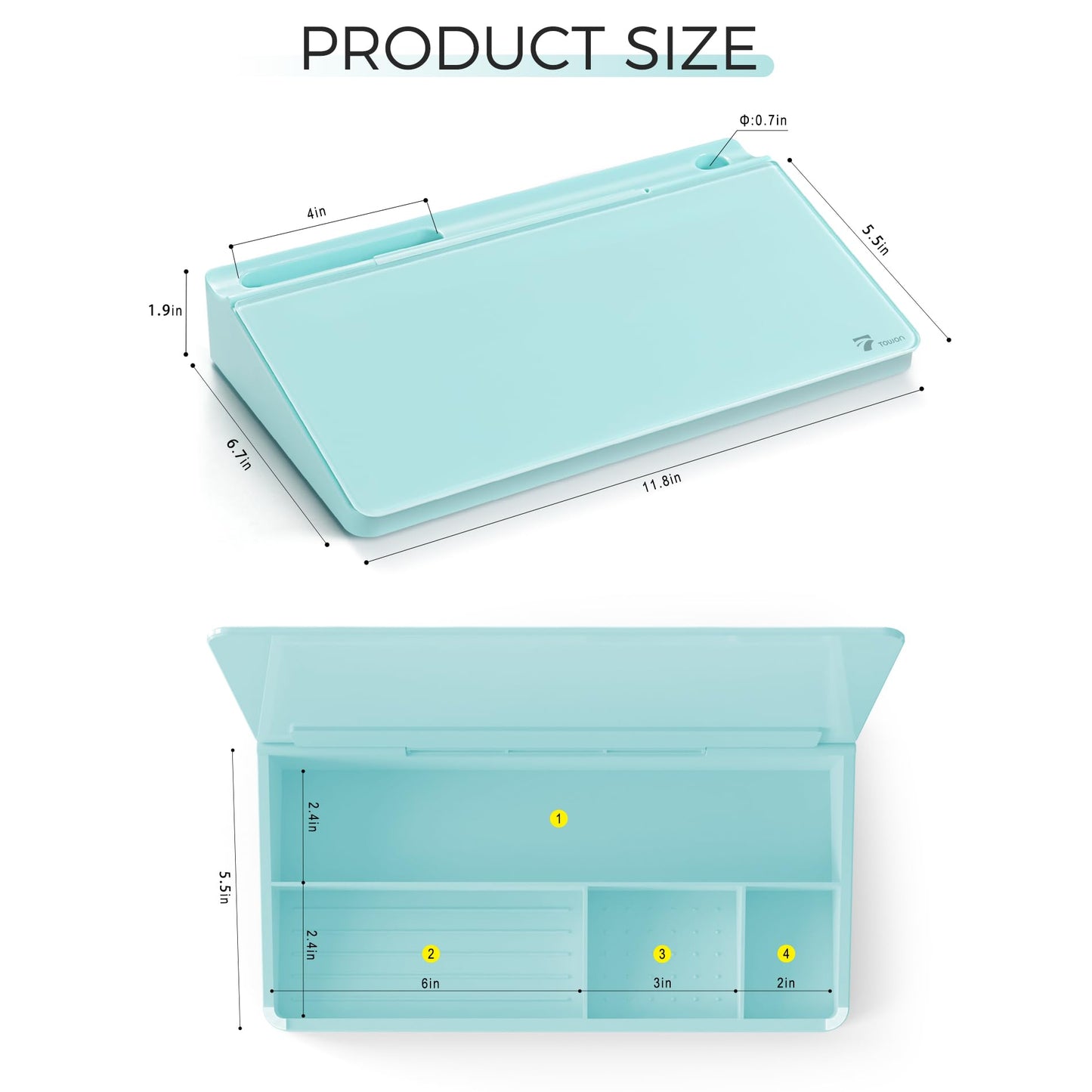 TOWON Small Compact Glass Desktop Whiteboard with Storage – 12 x 7 in Dry Erase Board for Desk, Home Office, School | Includes 5 Markers, Eraser & Holder | Space-Saving Organizer, Aesthetic Teal Blue