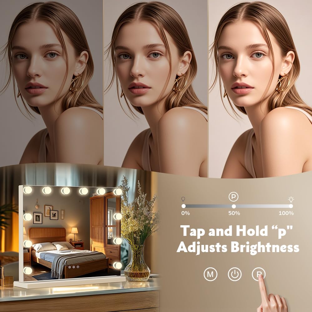 M MIVONDA Hollywood Vanity Mirror with Dimmable 15LED Bulbs Lights 3 Lighting Modes 2in1 Large Lighted Makeup Mirror for Desk and Wall with Plug-in and USB Charger Port
