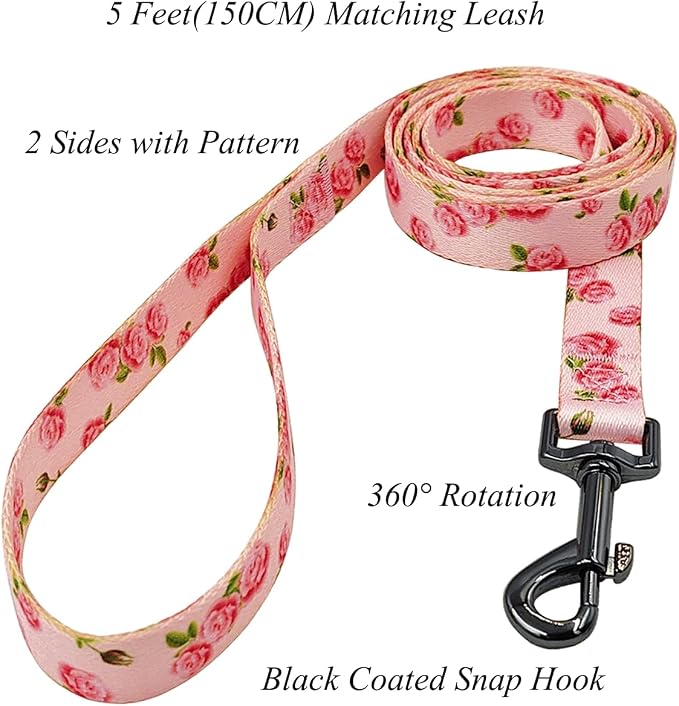 Dog Collar Leash Set, Floral Pattern, Polyester Material, Adjustable Collar and 5ft Matching Leash, for Puppy Dogs.(XS, Pink Rose)