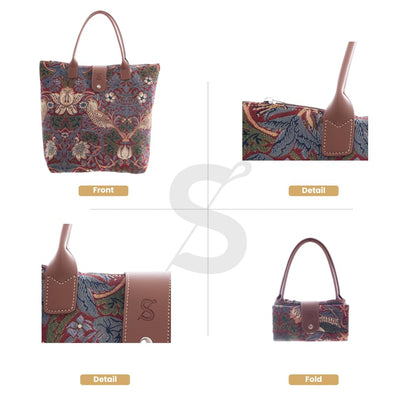 Signare Tapestry Foldable Tote Bag Reusable Shopping Bag Grocery Bag With William Morris Red Strawberry Thief Design (FDAW-STRD)