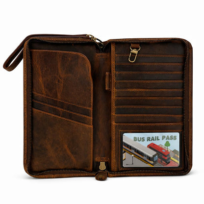 TheAntiq Brown Leather Family Passport Holder - Travel Document Organizer Wallet with Card Slots ID Window Zipper Closure for Multi Passport Storage Travel Use, 5 x 9
