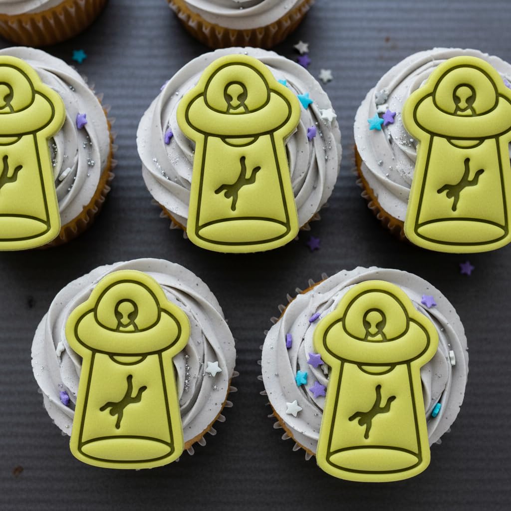BAKERLOGY UFO Abduct Man Mini Cookie Cutter and Stamp Set – Alien Spaceship Biscuit Cutter Fondant Embosser for Sci-Fi Baking, Halloween Cupcake Toppers, Abduction Dessert Decoration Tool