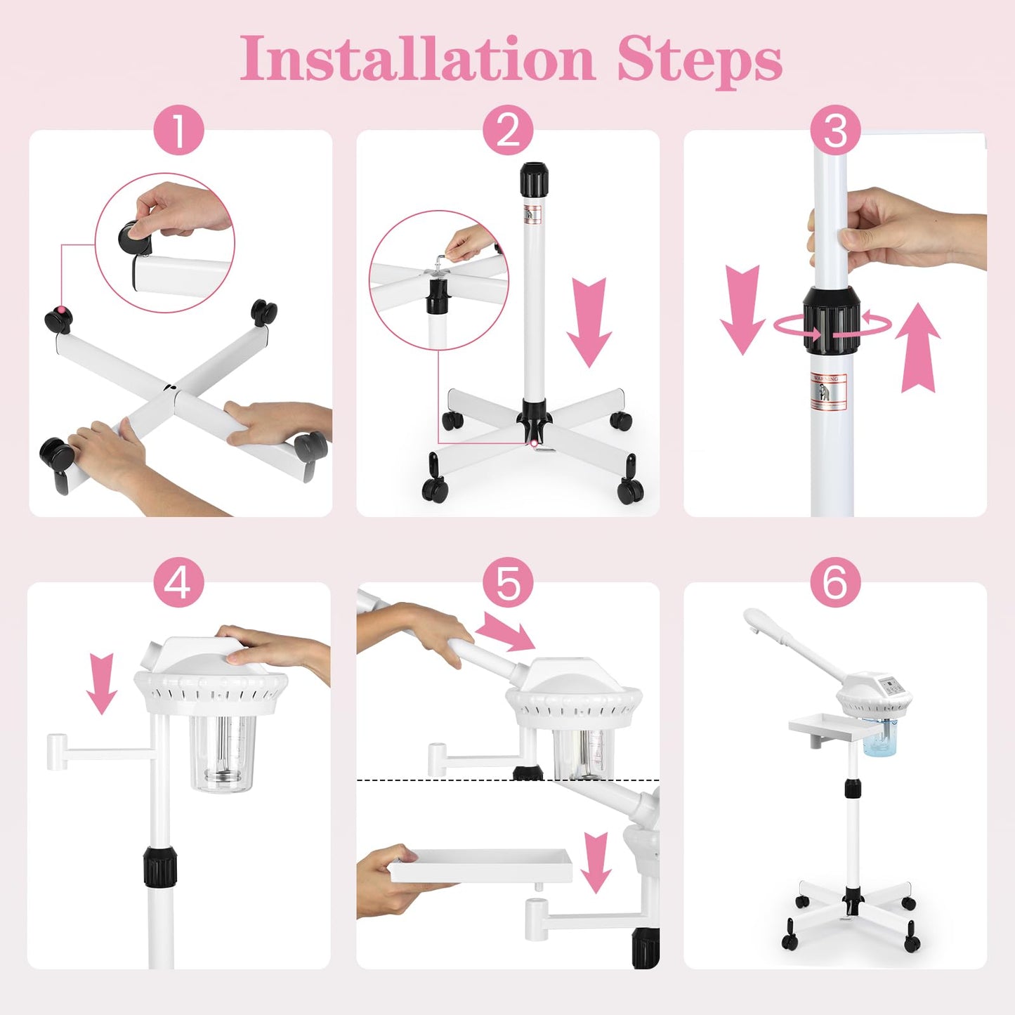 Professional Facial Steamer, 2In1 Face Steamer on Wheels for Facial Deep Cleaning, SPA Facial Steamer for Esthetician with 5X Magnifying Lamp, Stand Face Steamer with Time Setting, Pink