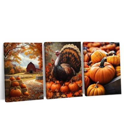 CCWORKERRY Fall Picture Wall Art Set of 3 Barn and Pumpkin Canvas Prints Autumn Painting Rural Harvest Poster Farmhouse Kitchen Decor Framed(Orange,12" x 16"x3P)