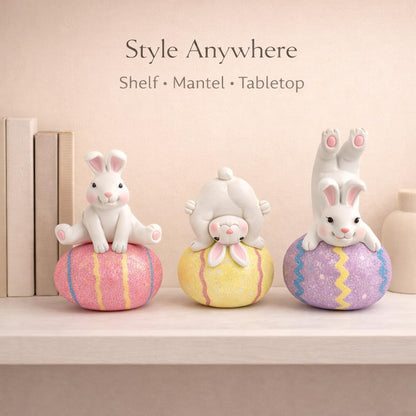 GoGnome Easter Decoration Indoor, Set of 3 Resin Easter Bunny Figurines on Pastel Eggs – 6.5''H Playful Rabbit Spring Decor for Shelf, Mantel & Tabletop (Pink/Yellow/Purple)