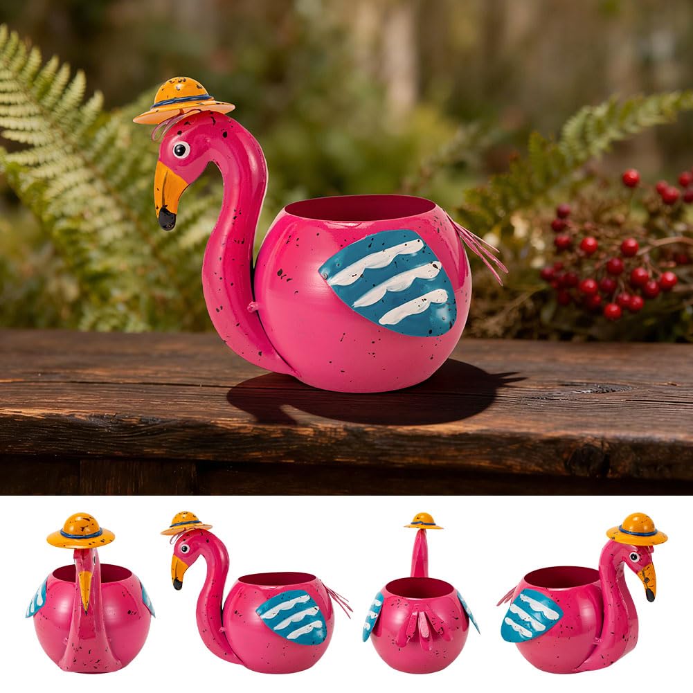 The Aura Collective Flamingo Planter Small Succulent Pots Metal Animal Planters, Decorative Flower Pot Indoor Garden Statues Yard Art Decor