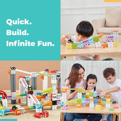 QBI Magnetic Building Blocks Car Track Set, STEM Building Toys for Kids Ages 4-8, Magnetic Cubes with 2 Push-and-Go Cars, Ramps & Track Plates, Montessori Birthday Gift (46PCS)