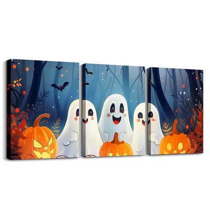 Cute Ghosts Cactus Canvas Wall Art Set Of 3 Pieces, Cartoon Pumpkin Lantern Wall Decor Home Artwork for Living Room Bedroom Decorative, Halloween Paintings Wall Hanging, Kids Boy Girl Room Decor