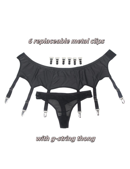 ohyeahlady Womens Faux Leather Garter Belt with 6 Strap Metal Clip Sexy Suspender Sets for Thigh Highs with G-String Thongs Black S