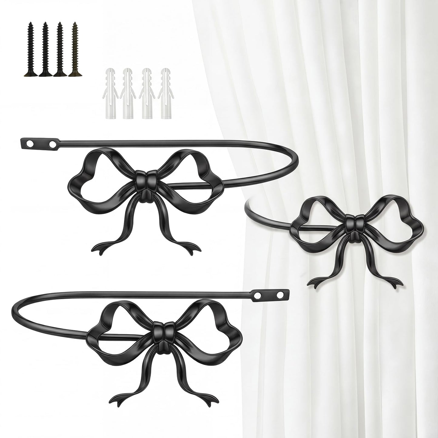Otoolling 2 Pack Black Metal Bow Curtain Holdbacks Wall Mounted Curtain Hold Backs Curtains Modern Tiebacks Decorative Window Drapery Tiebacks with Bow Finials for Living Room Bedroom Office Home
