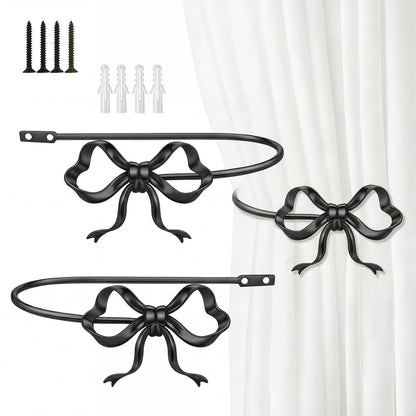 Otoolling 2 Pack Black Metal Bow Curtain Holdbacks Wall Mounted Curtain Hold Backs Curtains Modern Tiebacks Decorative Window Drapery Tiebacks with Bow Finials for Living Room Bedroom Office Home