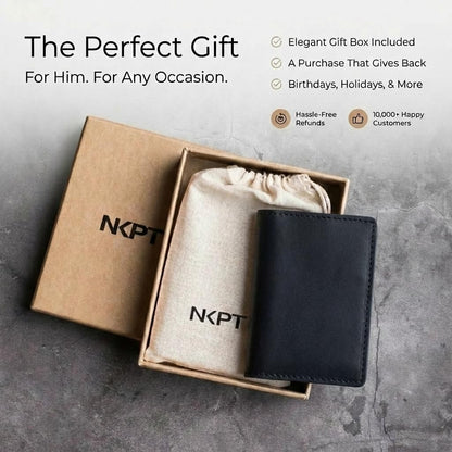 NKPT Slim Leather Credit Card Holder Wallet for Men | Full-Grain Leather, RFID Blocking, 6 Card Slots | Black