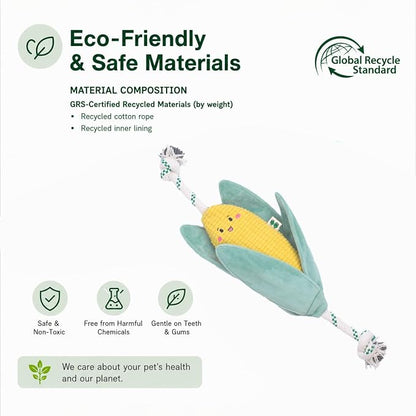 Green Sheep Interactive Plush Dog Toy, No Stuffing Squeaky Toy with Recycled Cotton Rope for Medium to Large Dogs, Corn