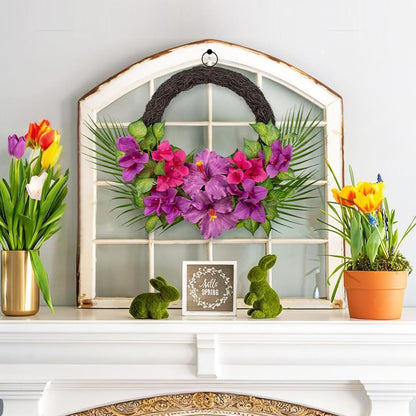 Briful Tropical Floral Wreath for Front Door, 19.6" Artificial Pink & Purple Hibiscus Flower Wreath with Palm Leaves, Summer Spring Wreaths for Wall Mantle Window Home Porch Decor