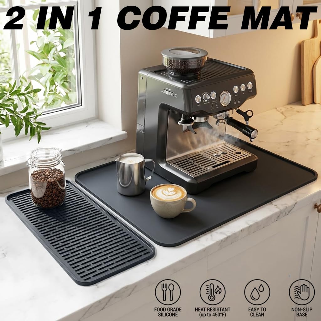Caketime 2 In 1 Silicone Coffee Bar Mat Accessories Detachable Dish Drying Rug Rack Stone for Kitchen Counter Home Household Apartment Office Essentials Barista Espresso Machine Drainer Must Have