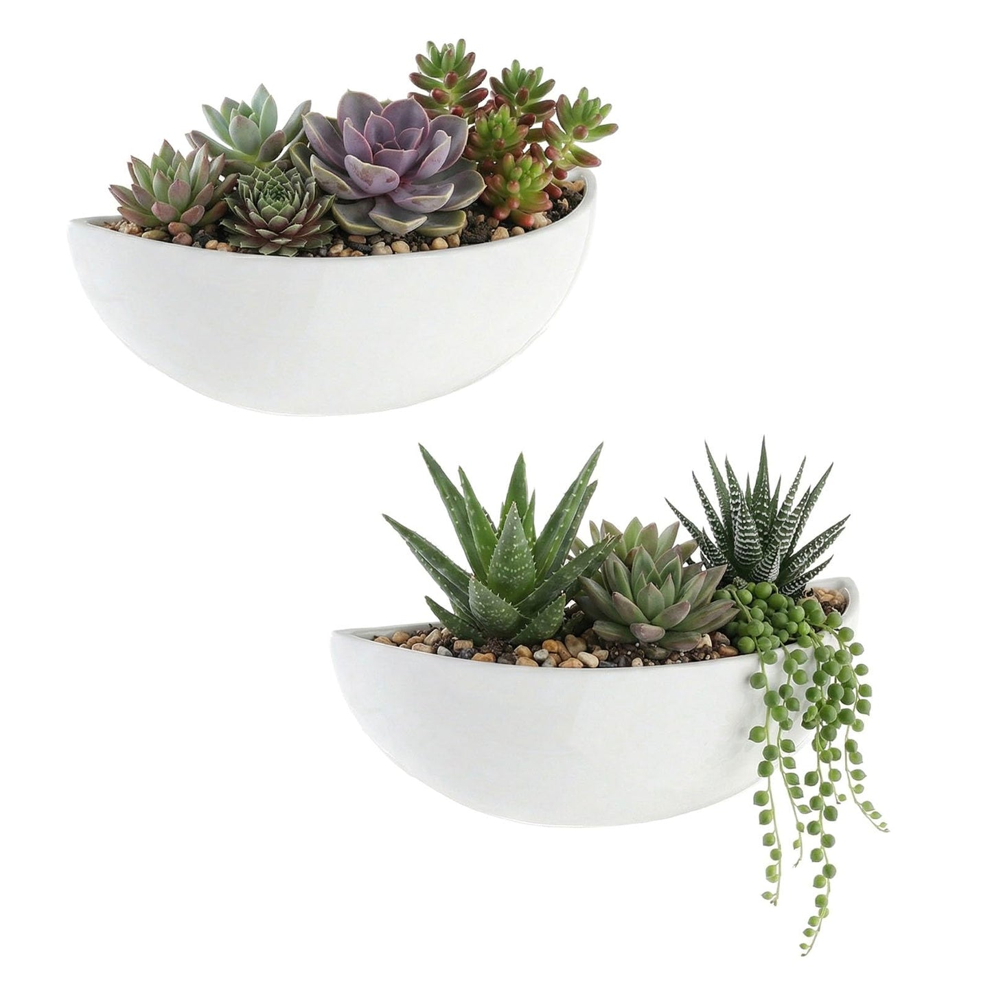 MyGift White Ceramic Wall Planters for Indoor Plants, Half Bowl Hanging Vase, Wall Mounted Succulent Planters, Set of 2