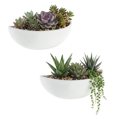 MyGift White Ceramic Wall Planters for Indoor Plants, Half Bowl Hanging Vase, Wall Mounted Succulent Planters, Set of 2