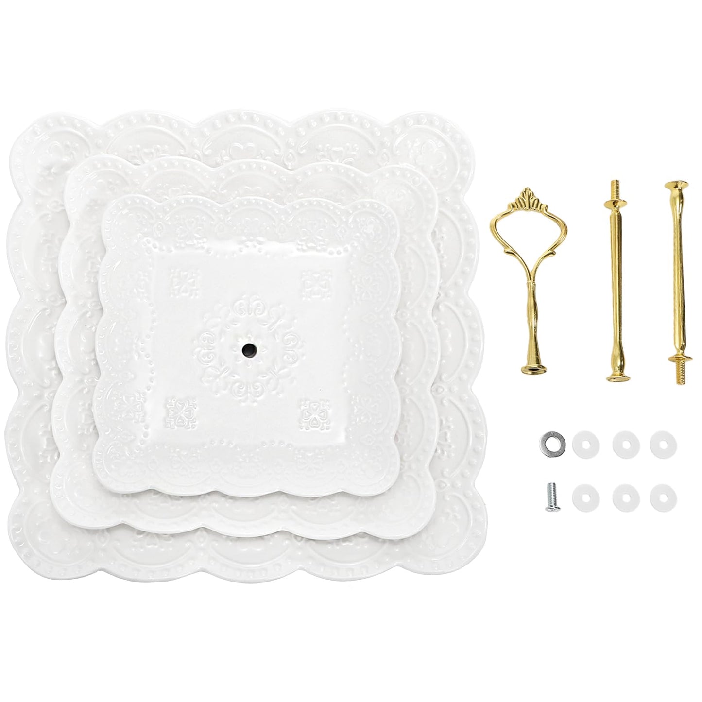 Tebery 2 Pack 3-Tier White Ceramic Embossed Dessert Cake Tower Stand with Gold Carry Handle, Cupcake Stand Serving Trays, Porcelain Party Food Server Display Holder