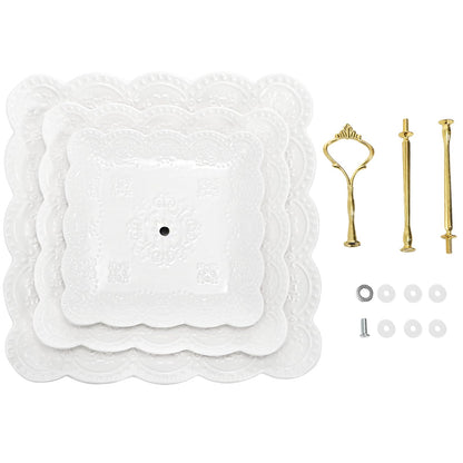 Tebery 2 Pack 3-Tier White Ceramic Embossed Dessert Cake Tower Stand with Gold Carry Handle, Cupcake Stand Serving Trays, Porcelain Party Food Server Display Holder