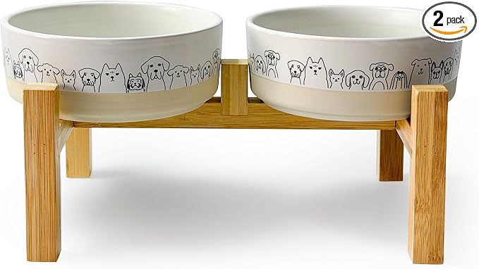 Elevated Ceramic Dog Bowls with Wooden Stand，6.1inch Raised Dog Bowls with Cute Pattern for Small and Medium Breed Dogs,2 Pack Dogs Food and Water Bowl Set,Weighted Pet Dishes Dishwasher Safe