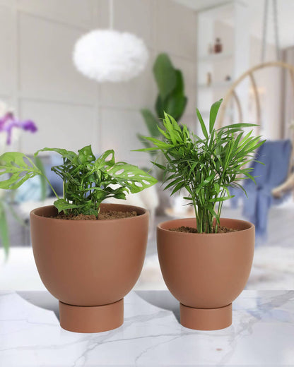vensovo Dark Terracotta Self Watering Plant Pot - 2 PCS 6 Inch & 8 Inch Terra Cotta Plant Pot with Drainage Hole and Saucer, Small & Large Clay Flower Pot with Tray, Planter for Indoor Outdoor