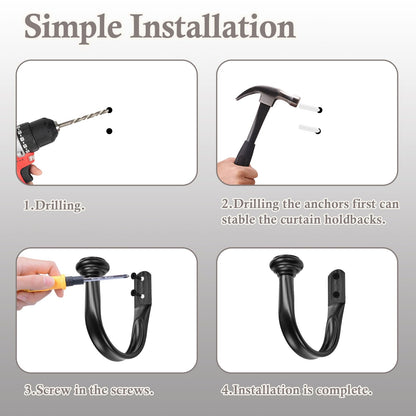 Primero Basics Black Curtain Tiebacks - Wall-Mounted Curtain Holdbacks, Elegant Curtain Hooks for Drapes, Curtain Holders for Wall, Tie Backs for Curtains, Modern Curtain Hooks,2 Pack