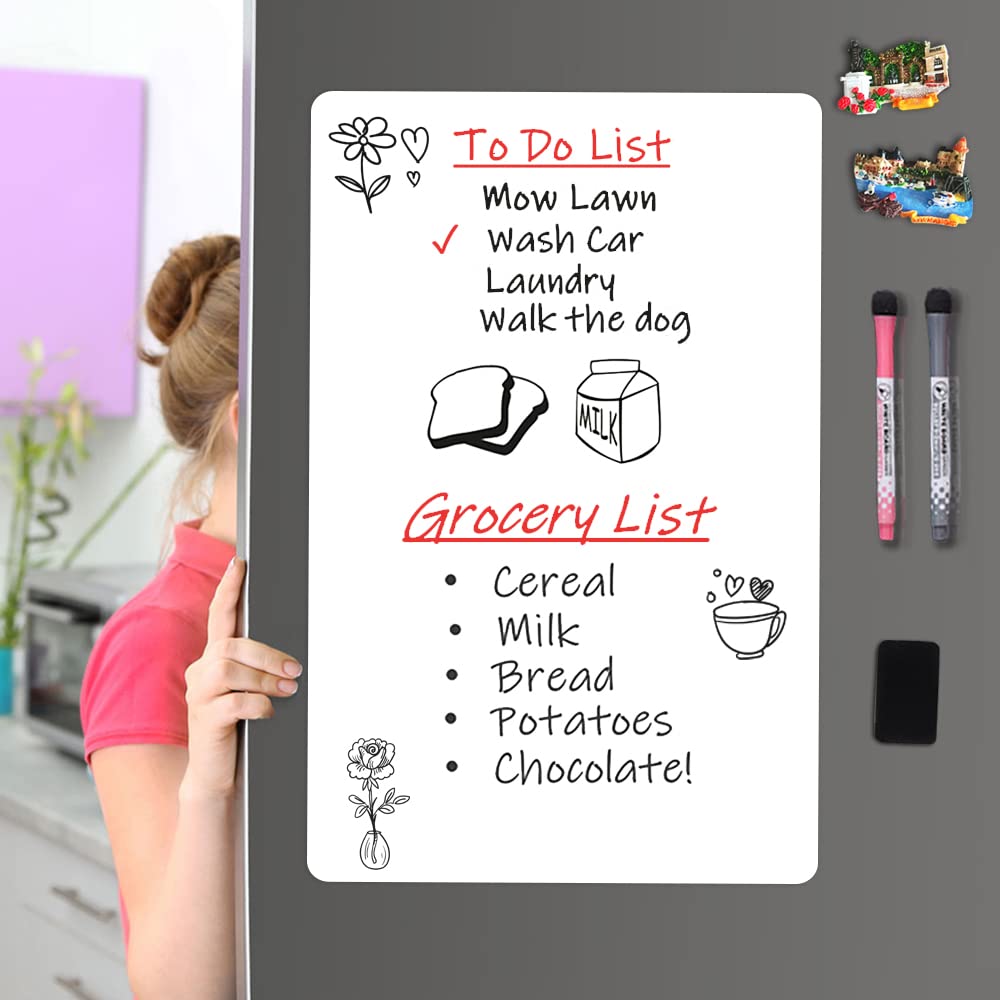 ANLIOTE Magnetic Dry Erase Board Fridge Whiteboard Sheet 12"x 8", Easy to Write and Clean, Small Refrigerator White Board for Home Kitchen Shopping List & to Do List, 2 Markers and Eraser with Magnets