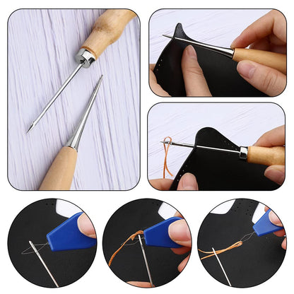 Yizzvb 46 Pcs Leather Stitching Sewing Kit,Sewing Tools Kit with 4mm Lacing Stitching Chisel, Waxed Thread and Large-Eye Needles for Leather Craft Projects DIY Sewing Work