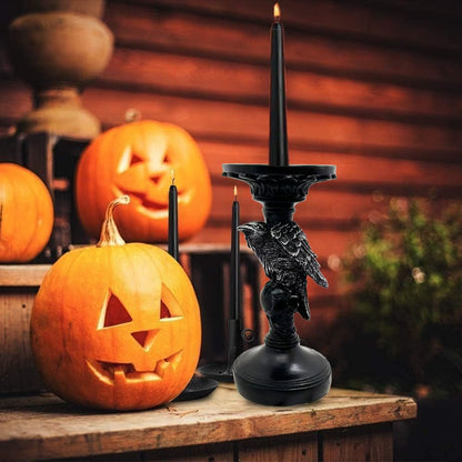 Skull Candlestick Holder for Halloween Decoration, Raven Skull Skeleton Spooky Decor Pillar Candle Holder, Antique Creepy Skeleton Black Taper Candle Holders for Halloween Christmas