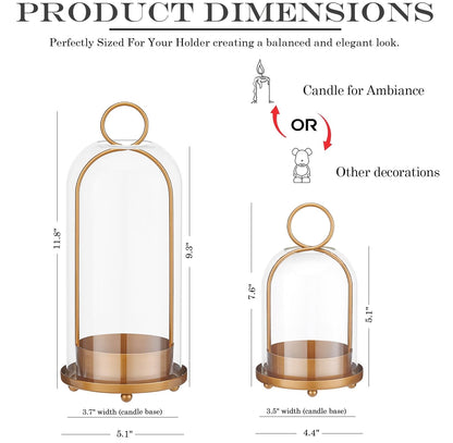 ECLSDL Hurricane Glass Candle Holders for Pillar Candles Set of 2 (5" & 4" Wide), Gold Metal Candlestick Holders, Modern Decorative Centerpiece Lanterns for Table Mantel Wedding Housewarming Gift